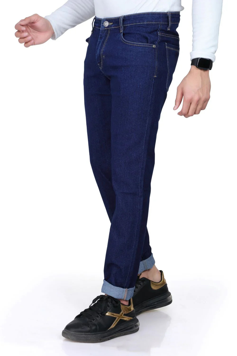 A close-up shot of a male model wearing LP Creation Men's Blue Denim Cargo Jeans, highlighting the fabric texture and pockets