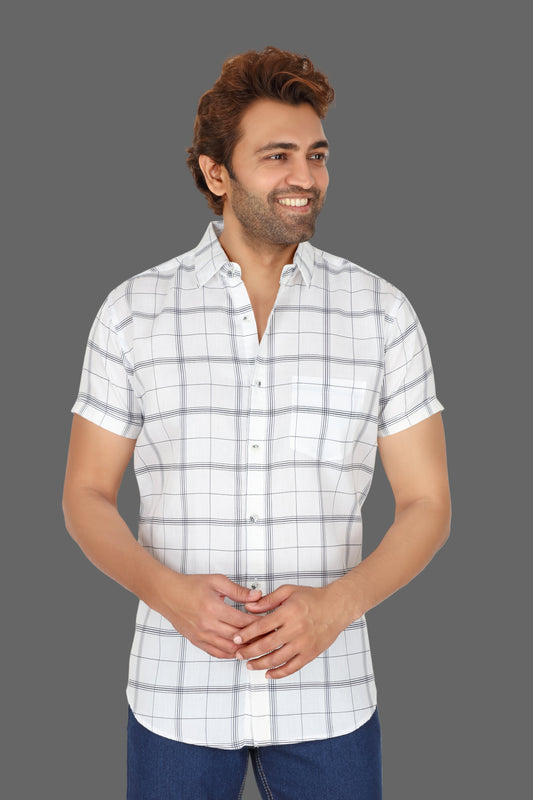 Men's White Checked Half Sleeve Shirt