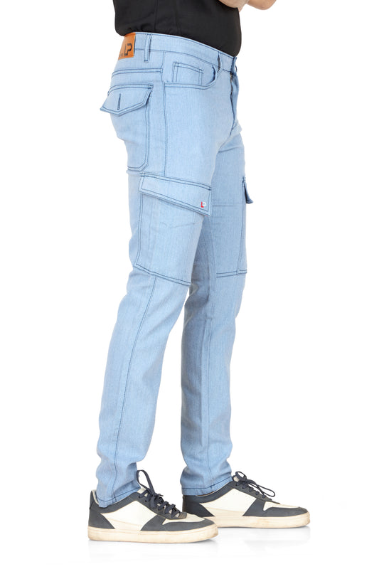Men's straight fit denim cargo jeans in a blue shade with a mild fade and six pockets. The jeans have a mid-rise waist and are suitable for casual wear.