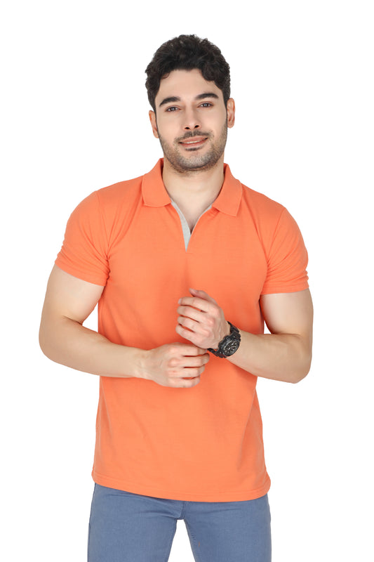 Man wearing an orange polo shirt on a white background