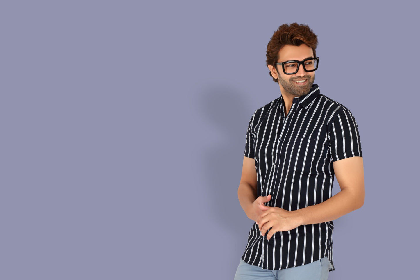 Men's Navy Blue Cotton Striped Half Sleeve Shirt