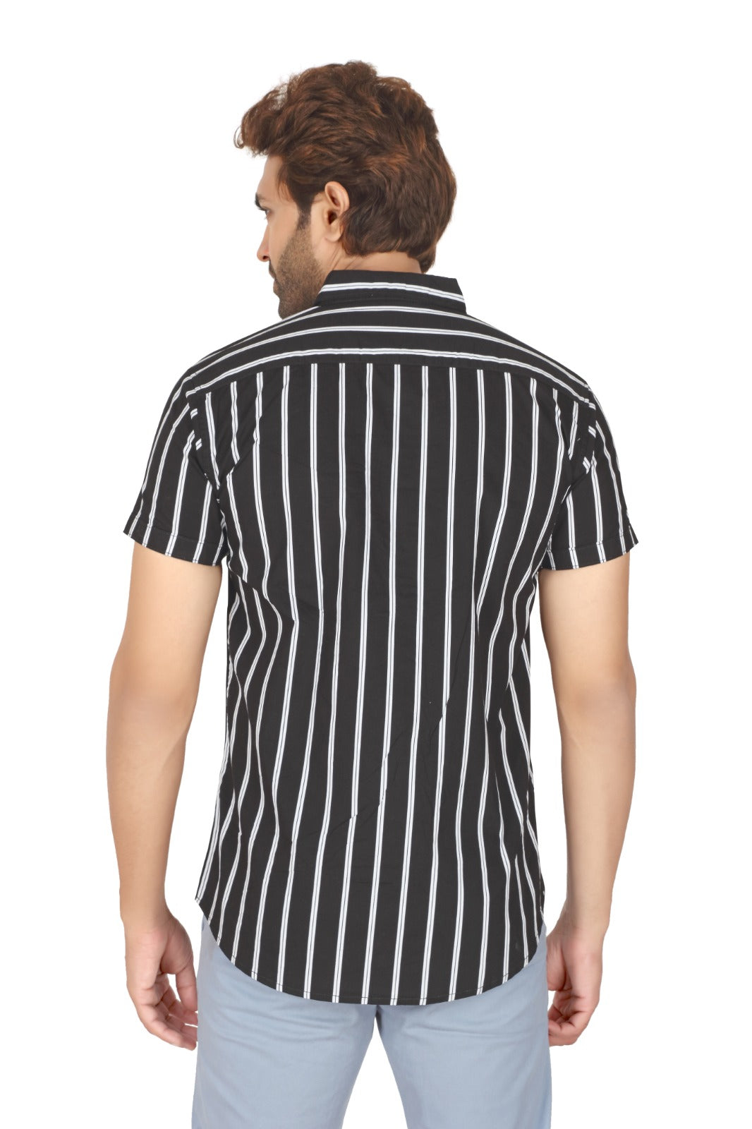 Men's Black Cotton Striped Half Sleeve Shirt