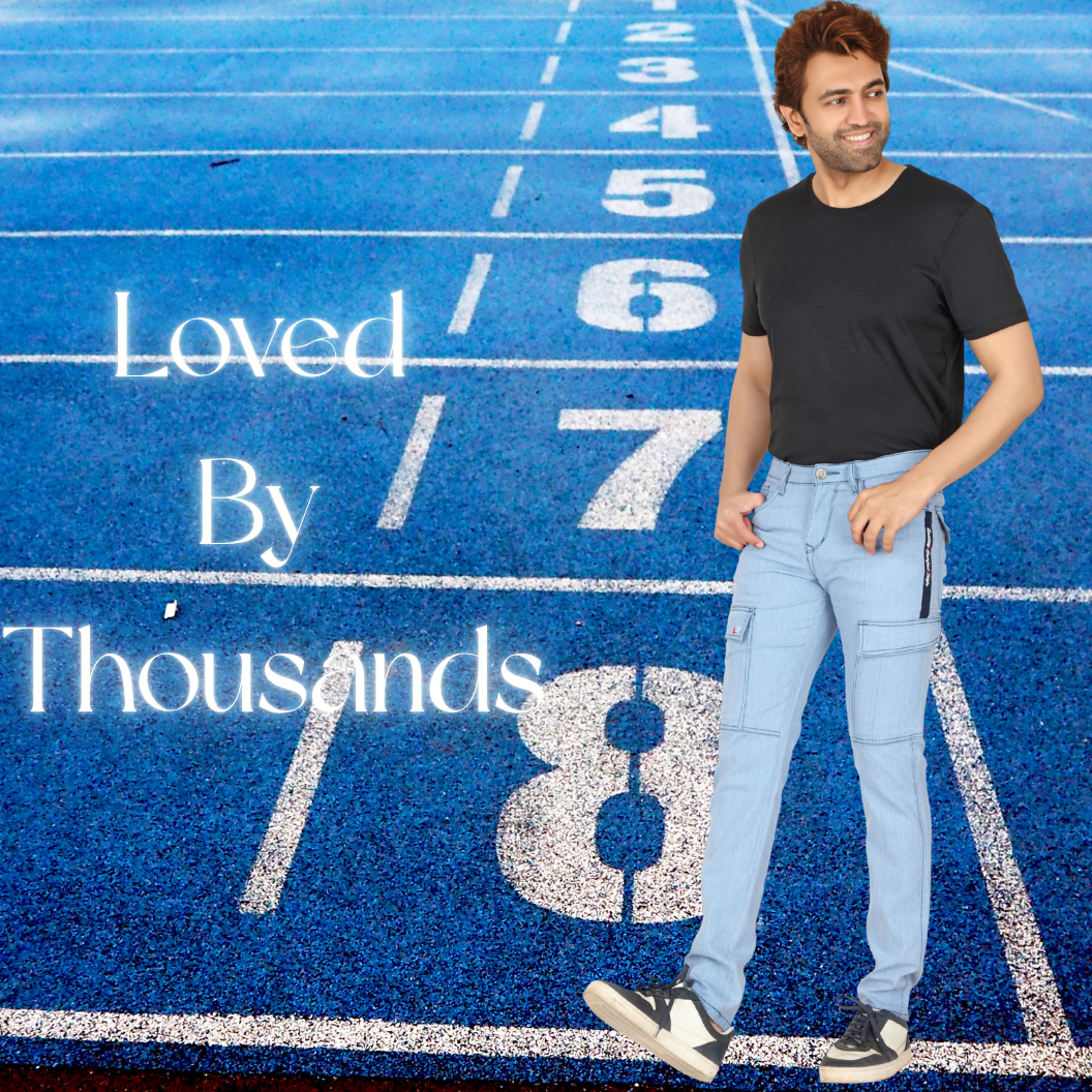 Men’s SKY BLUE Straight Fit Denim Cargo Jeans | Casual Mid-Rise with Six Pockets