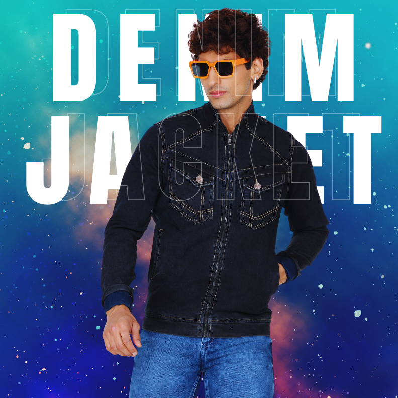 Model wearing a blue denim jacket – stylish casual denim jacket for men online in India