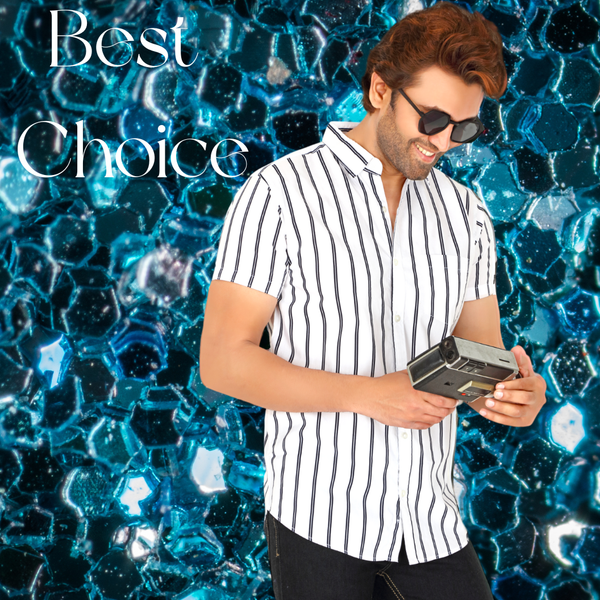 Model wearing a black and white striped men's half sleeve shirt.