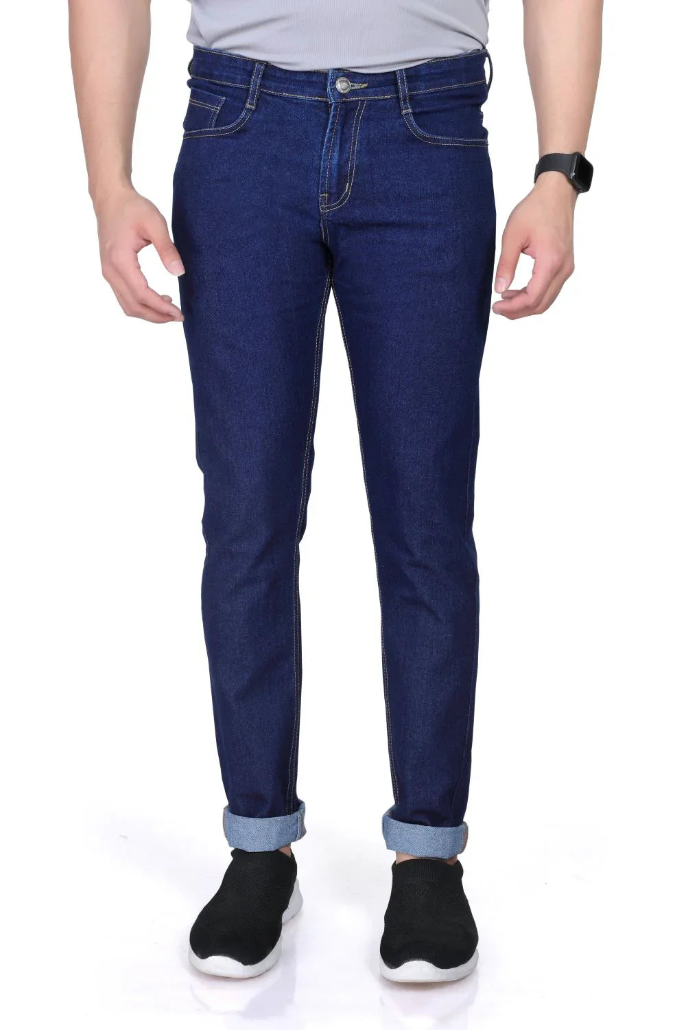 A close-up shot of a male model wearing LP Creation Men's Blue Denim Cargo Jeans, highlighting the fabric texture and pockets