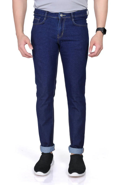 A close-up shot of a male model wearing LP Creation Men's Blue Denim Cargo Jeans, highlighting the fabric texture and pockets