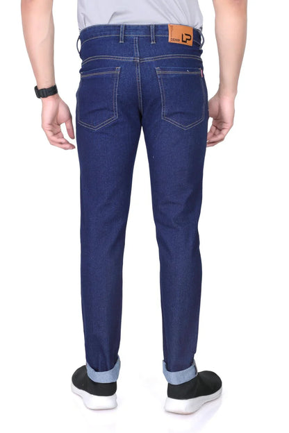 A close-up shot of a male model wearing LP Creation Men's Blue Denim Cargo Jeans, highlighting the fabric texture and pockets