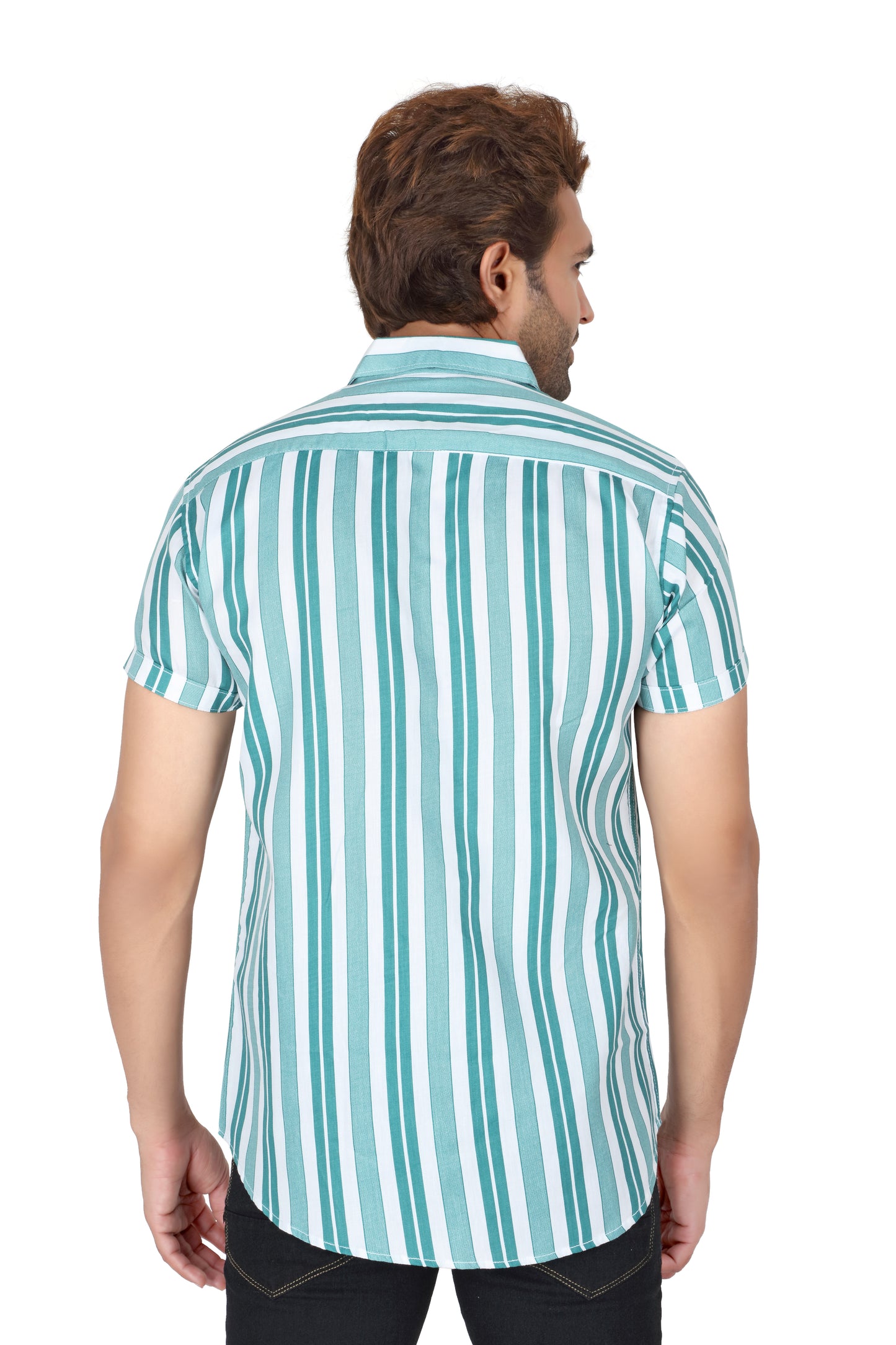 Men's Green Striped Half Sleeve Shirt