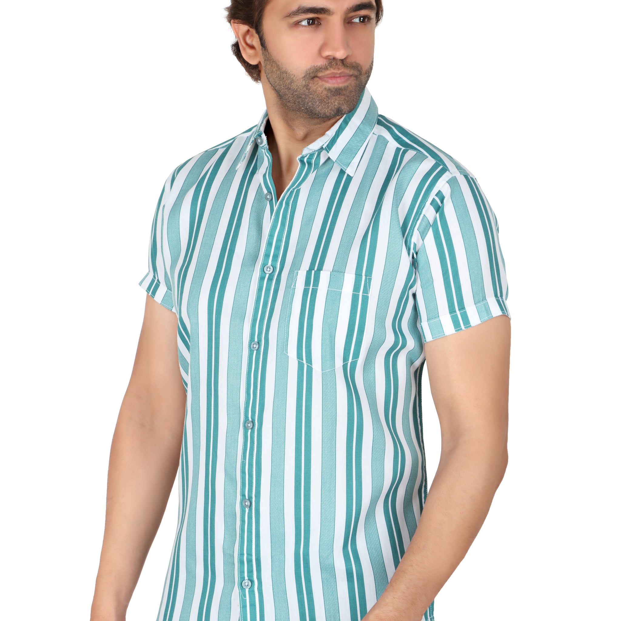 Men's Green Striped Half Sleeve Shirt