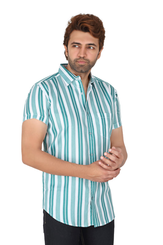 Men's Green Striped Half Sleeve Shirt