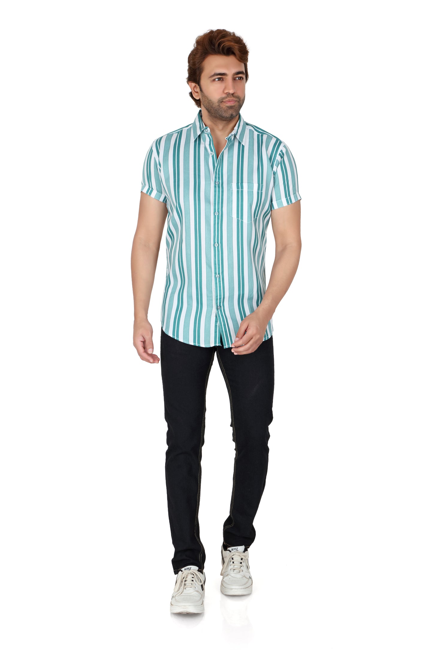 Men's Green Striped Half Sleeve Shirt