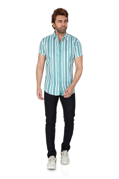 Men's Green Striped Half Sleeve Shirt