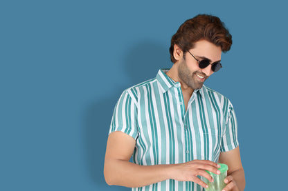 Men's Green Striped Half Sleeve Shirt