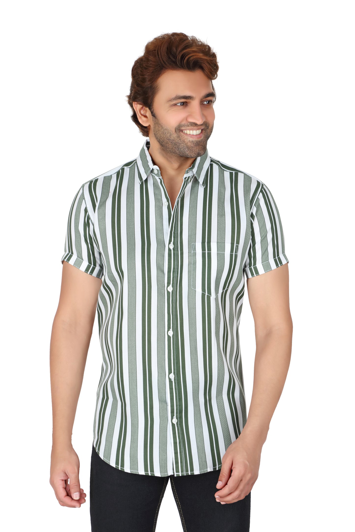 Men's Green Striped Half Sleeve Shirt