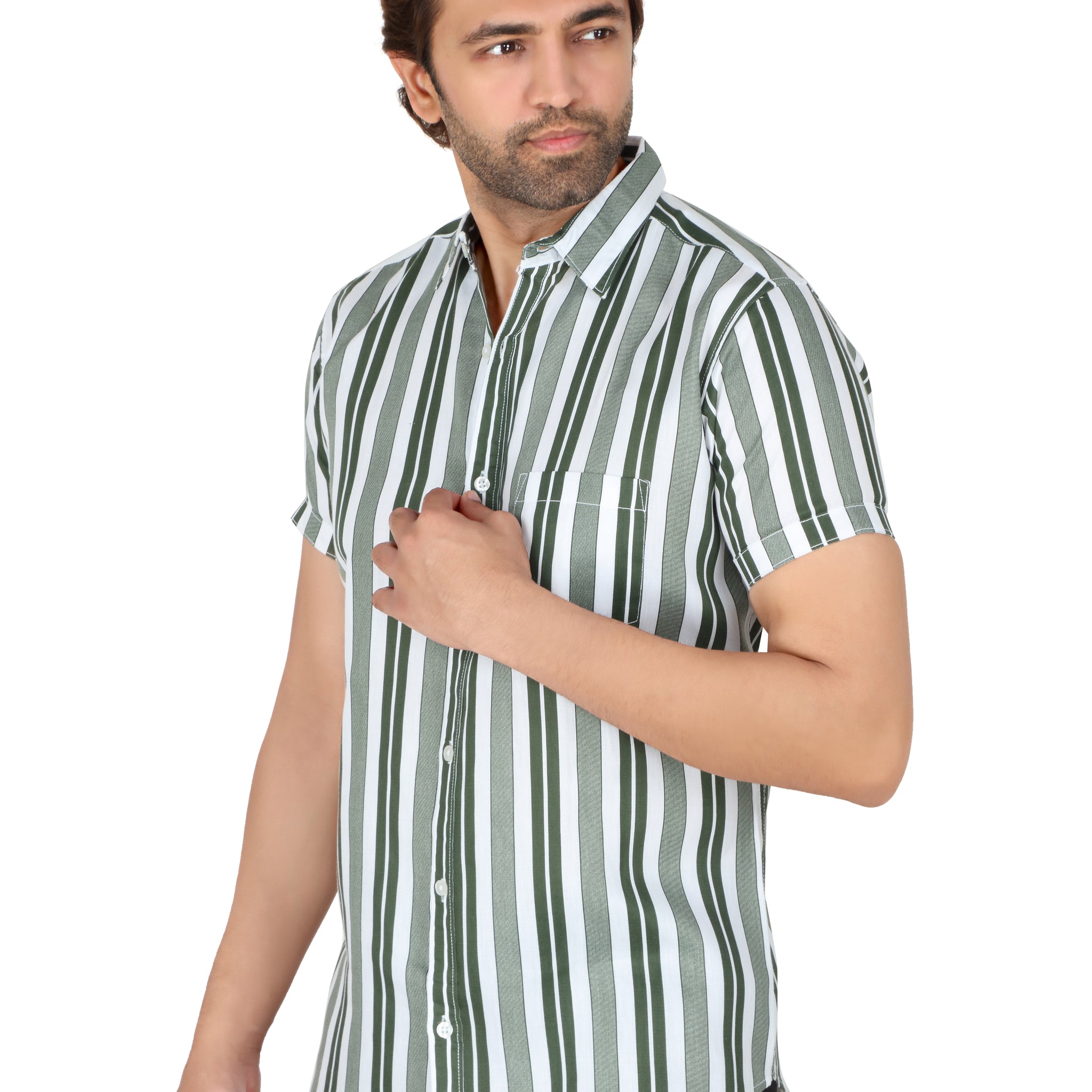 Men's Green Striped Half Sleeve Shirt