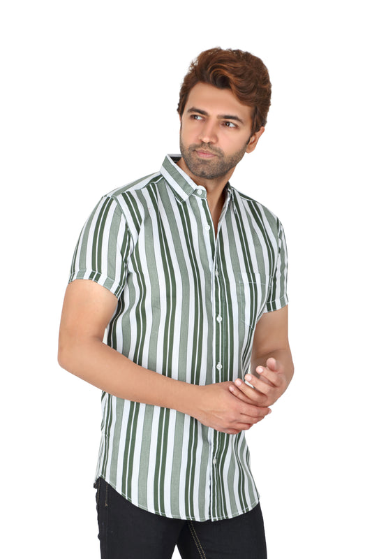 Men's Green Striped Half Sleeve Shirt