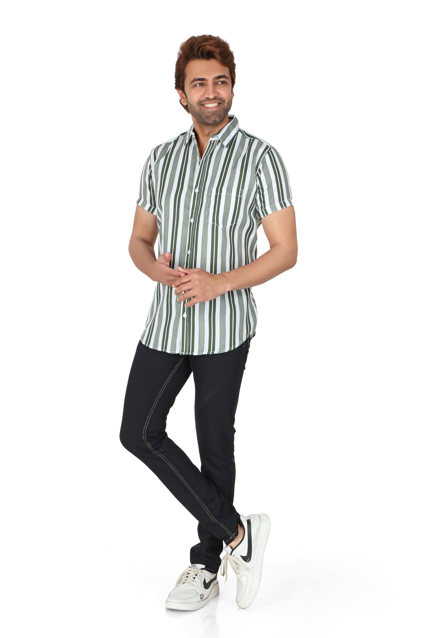 Men's Green Striped Half Sleeve Shirt
