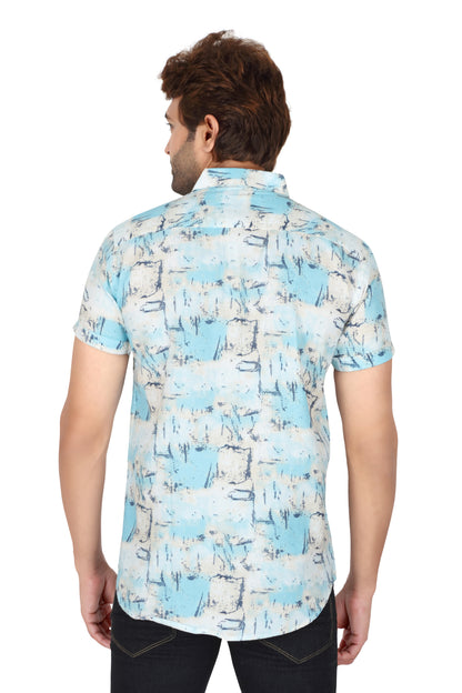 Men's Sky Blue Printed Half Sleeve Shirt