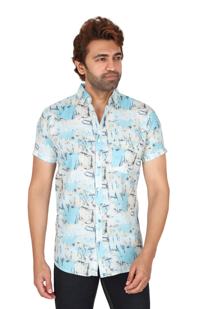 Men's Sky Blue Printed Half Sleeve Shirt