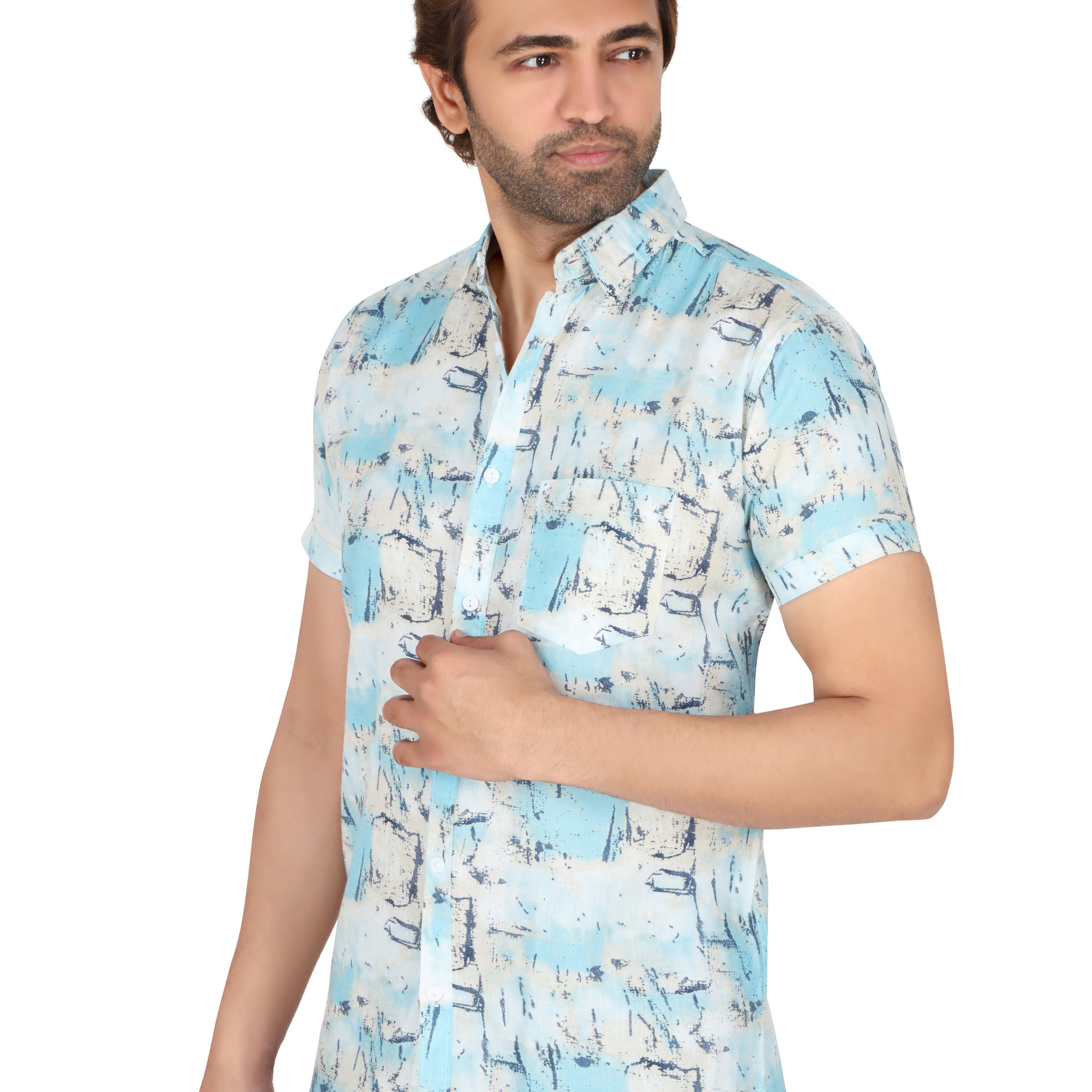 Men's Sky Blue Printed Half Sleeve Shirt