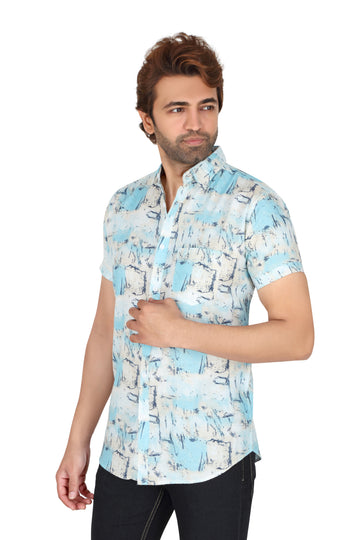 Men's Sky Blue Printed Half Sleeve Shirt