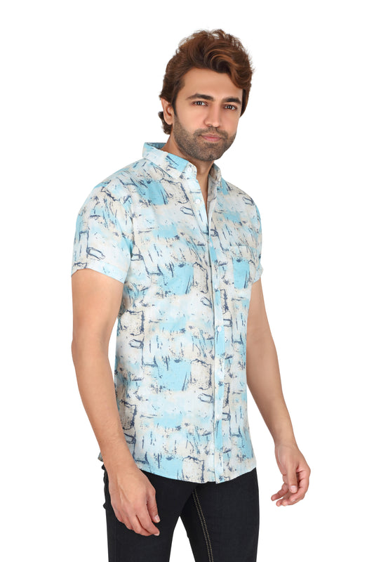 Men's Sky Blue Printed Half Sleeve Shirt