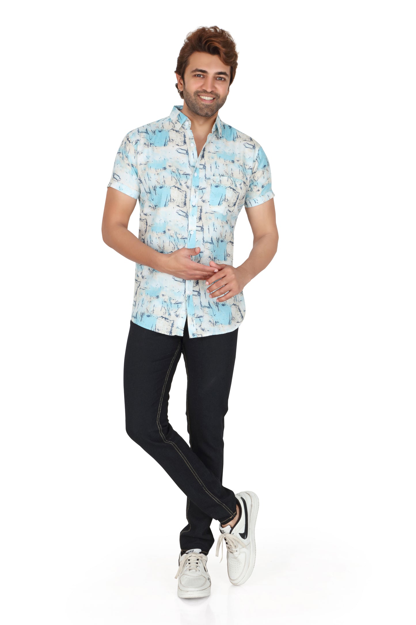 Men's Sky Blue Printed Half Sleeve Shirt