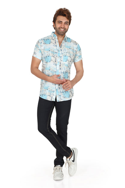 Men's Sky Blue Printed Half Sleeve Shirt