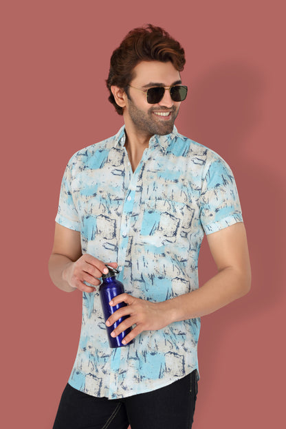 Men's Sky Blue Printed Half Sleeve Shirt