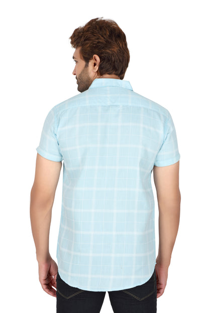 Men's Sky Blue Checked Half Sleeve Shirt