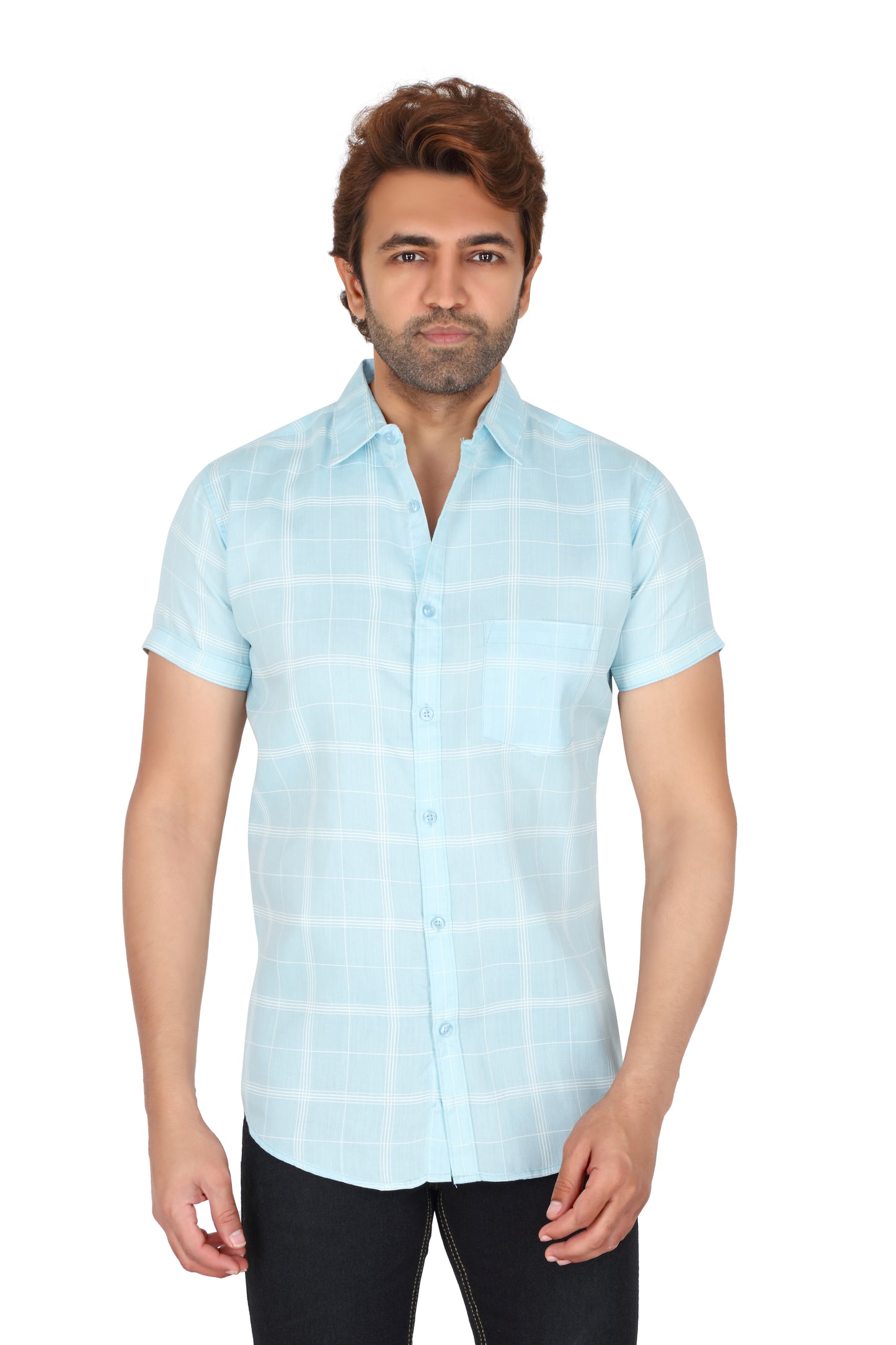 Men's Sky Blue Checked Half Sleeve Shirt