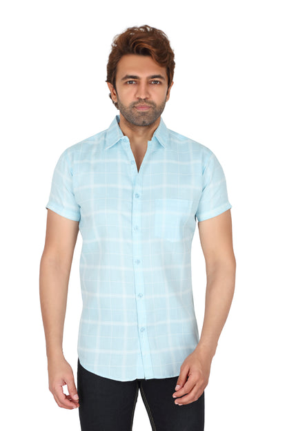 Men's Sky Blue Checked Half Sleeve Shirt