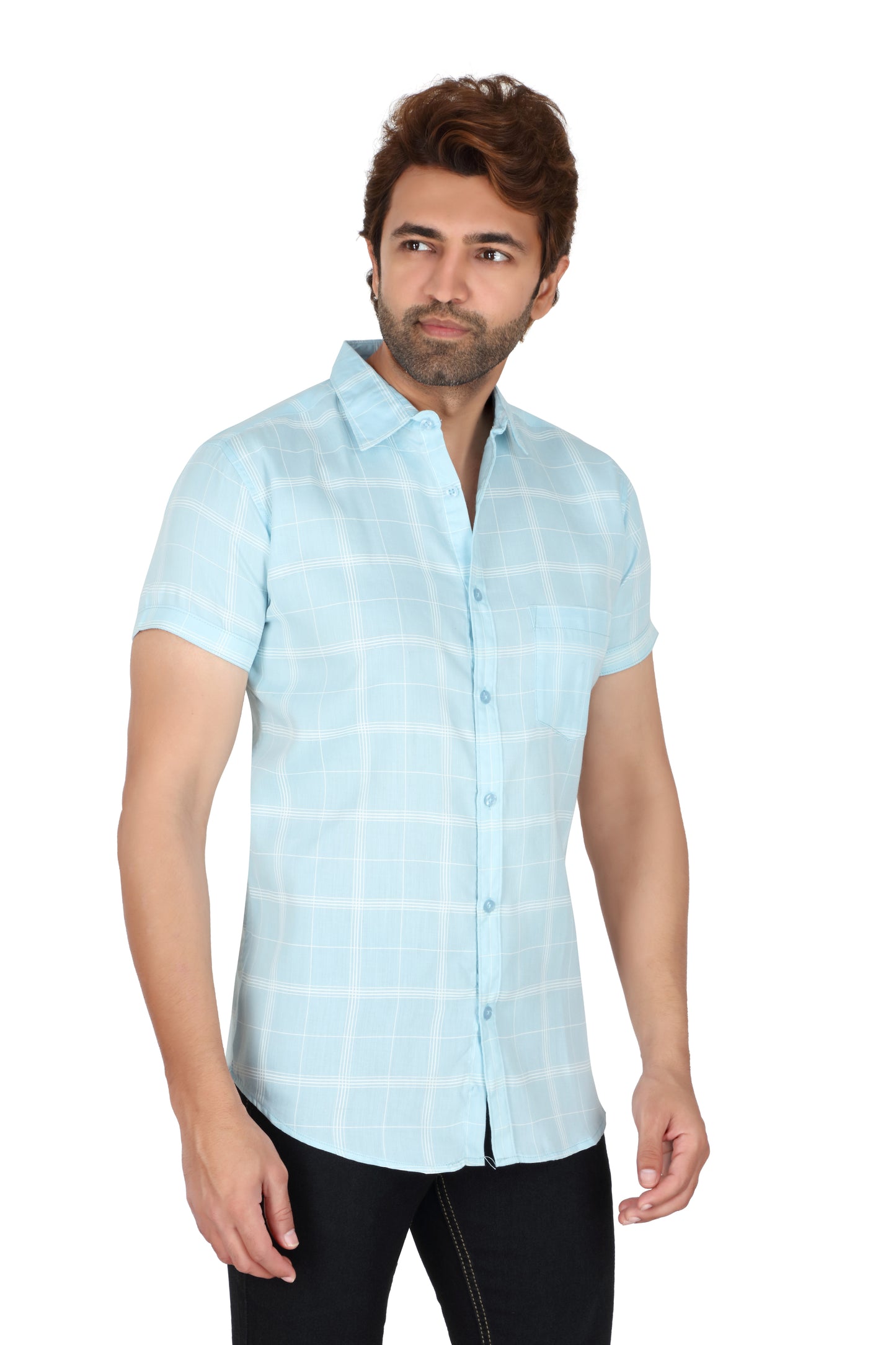 Men's Sky Blue Checked Half Sleeve Shirt