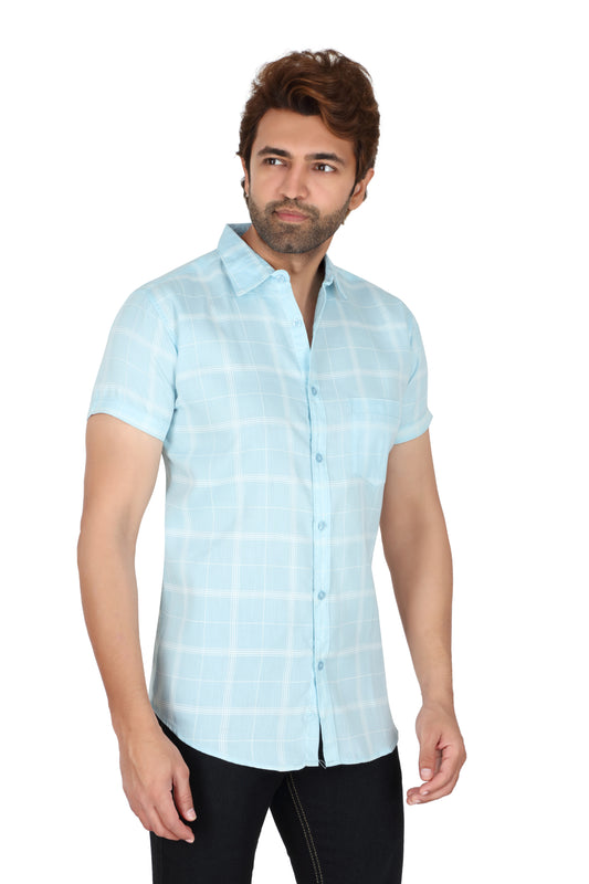 Men's Sky Blue Checked Half Sleeve Shirt