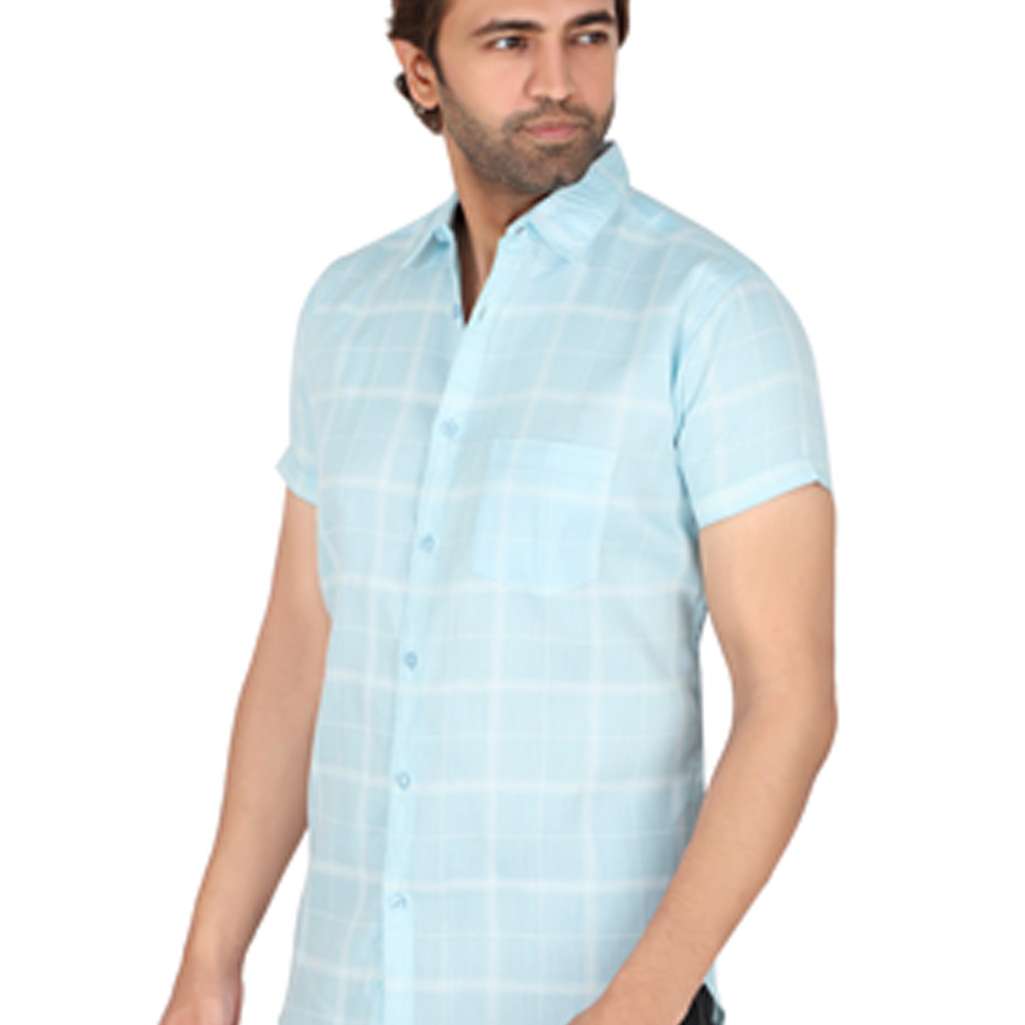 Men's Sky Blue Checked Half Sleeve Shirt