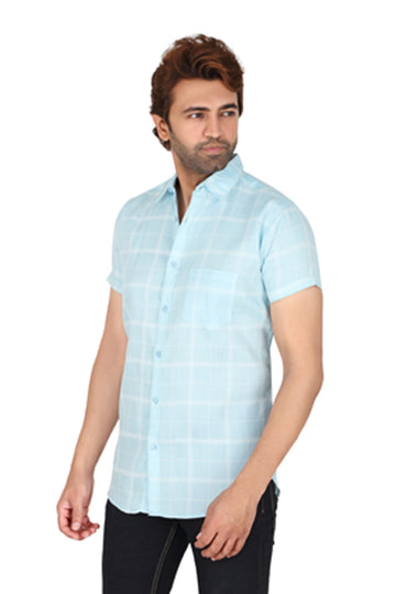 Men's Sky Blue Checked Half Sleeve Shirt