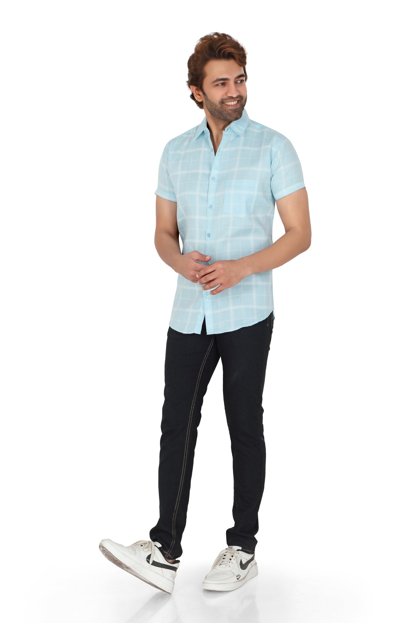 Men's Sky Blue Checked Half Sleeve Shirt