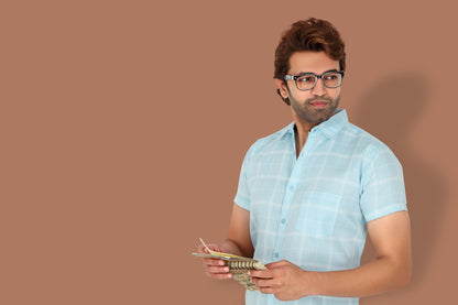 Men's Sky Blue Checked Half Sleeve Shirt