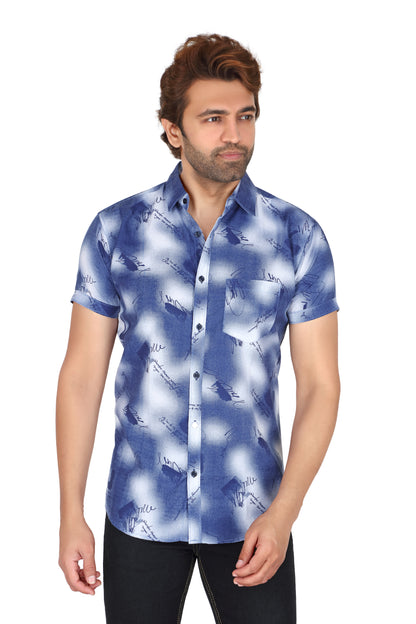 Men's Blue Printed Half Sleeve Shirt