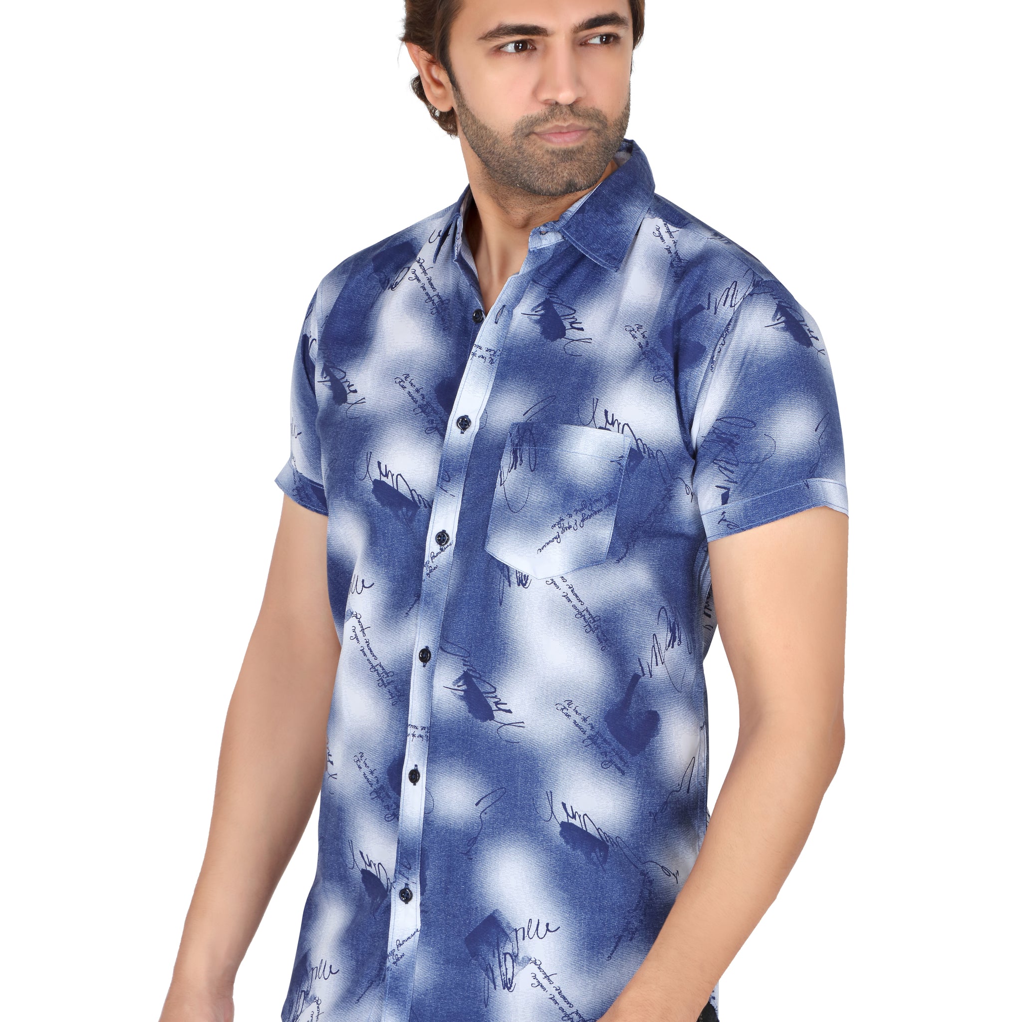 Men's Blue Printed Half Sleeve Shirt