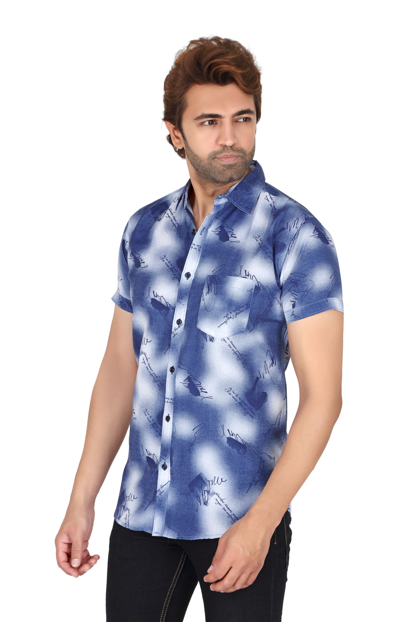 Men's Blue Printed Half Sleeve Shirt