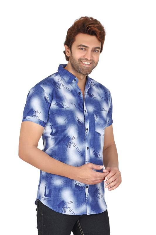 Men's Blue Printed Half Sleeve Shirt