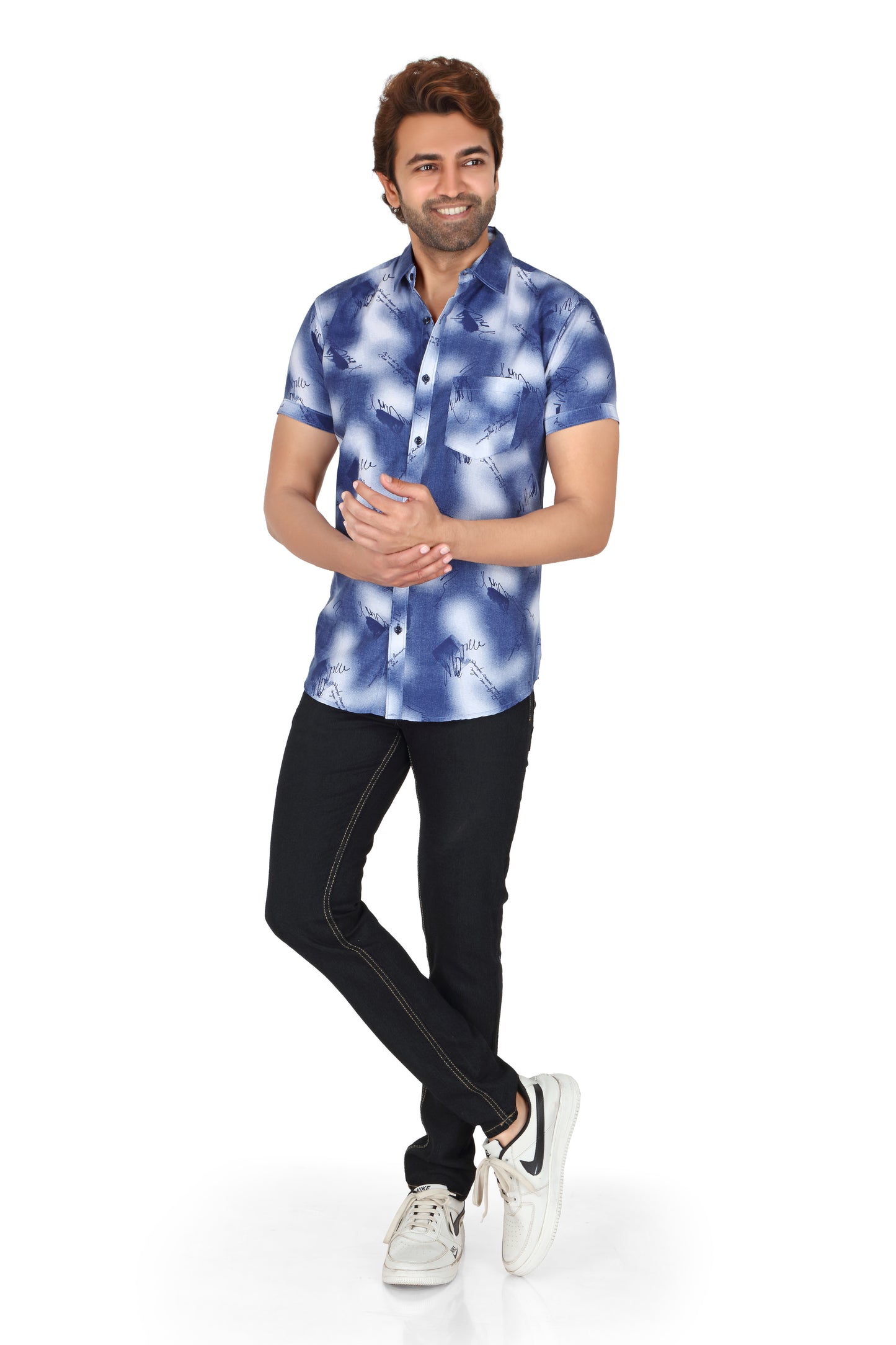 Men's Blue Printed Half Sleeve Shirt