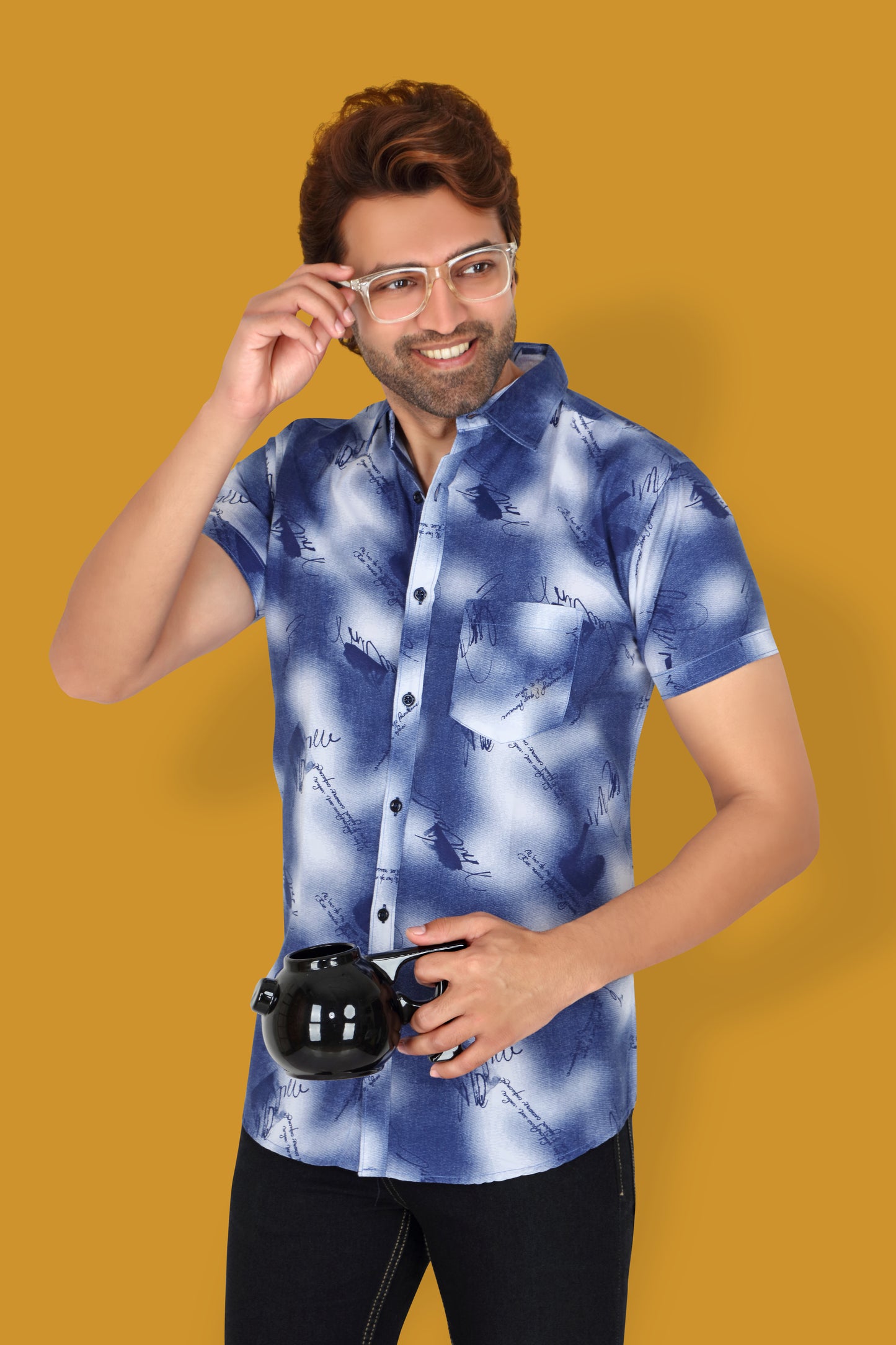 Men's Blue Printed Half Sleeve Shirt