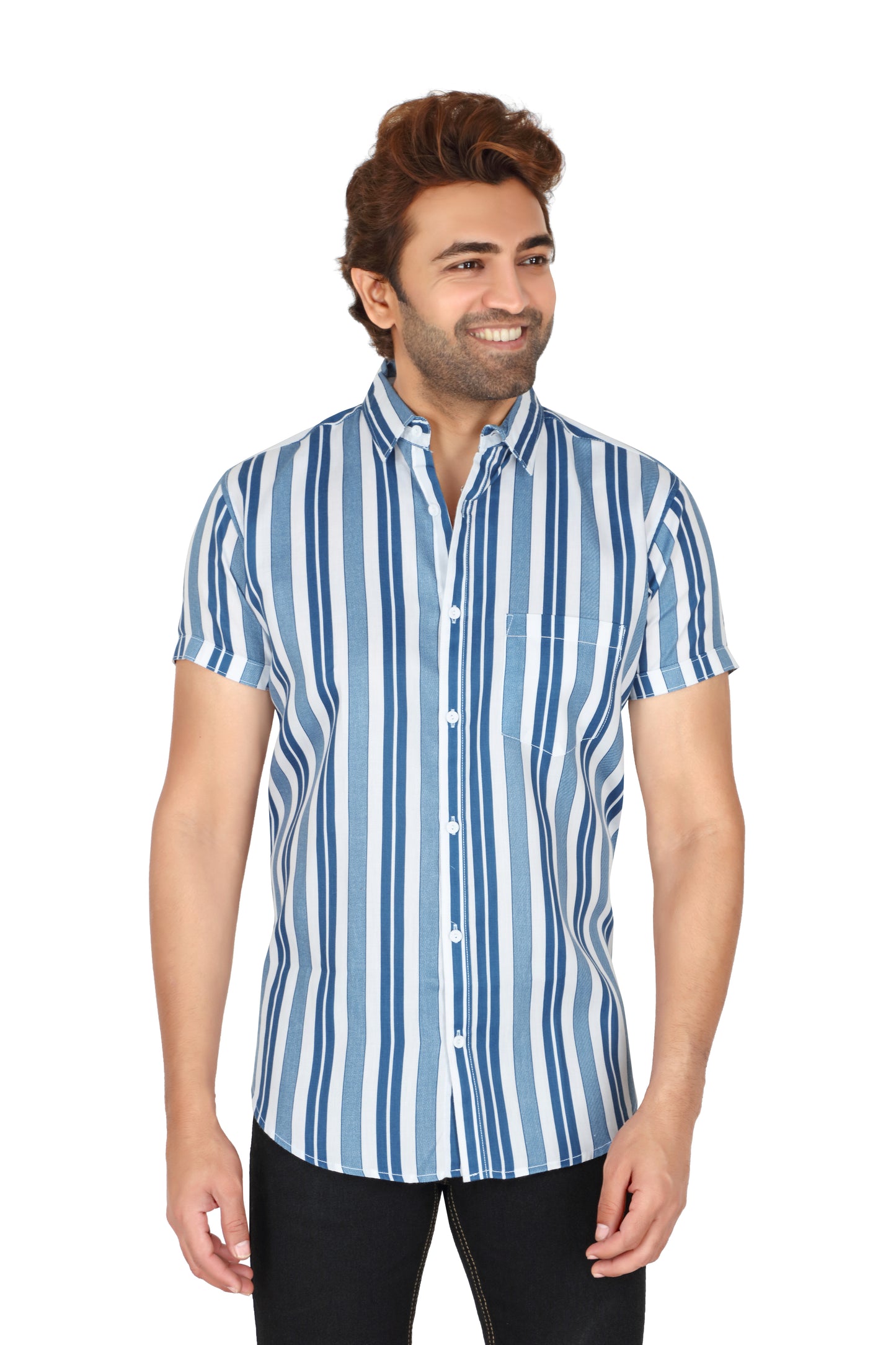 Men's Blue Striped Half Sleeve Shirt