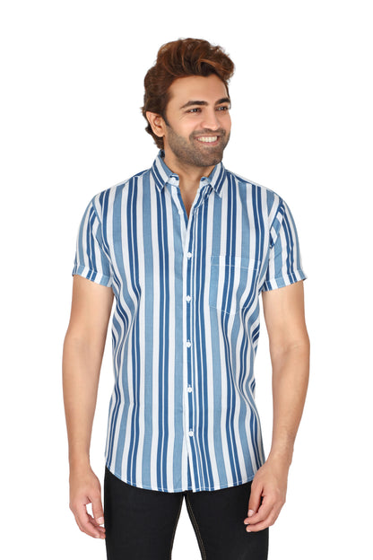 Men's Blue Striped Half Sleeve Shirt