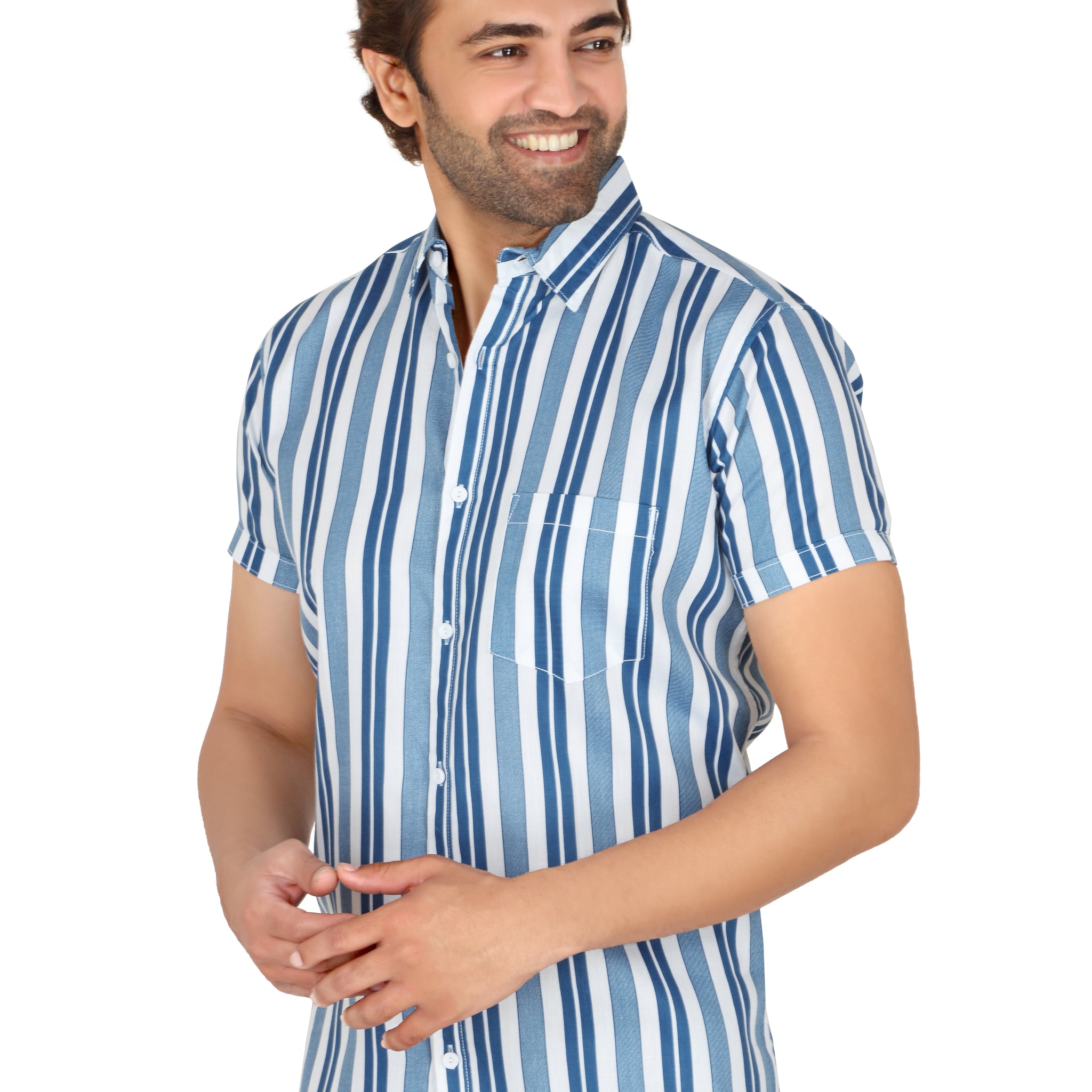 Men's Blue Striped Half Sleeve Shirt