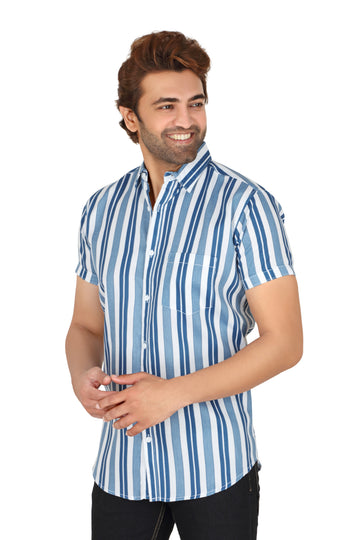 Men's Blue Striped Half Sleeve Shirt