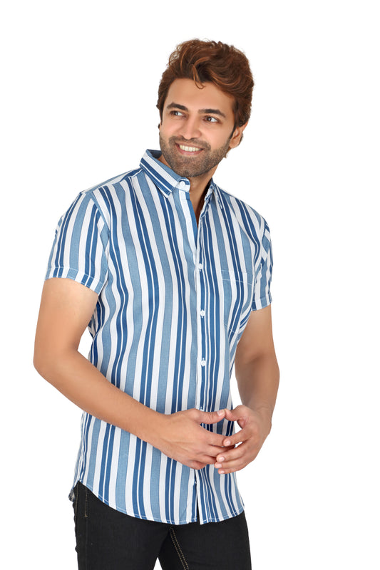 Men's Blue Striped Half Sleeve Shirt